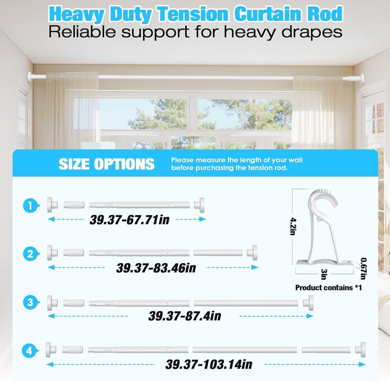 MEXAU White Tension Curtain Rods for Windows 41-103 Inches Heavy Duty Tension Rod Adjustable Curtain Rods No Drilling for Bathroom Living Room Outdoor Patio Hold Up Blackout Curtains and Non Slip - Image 4